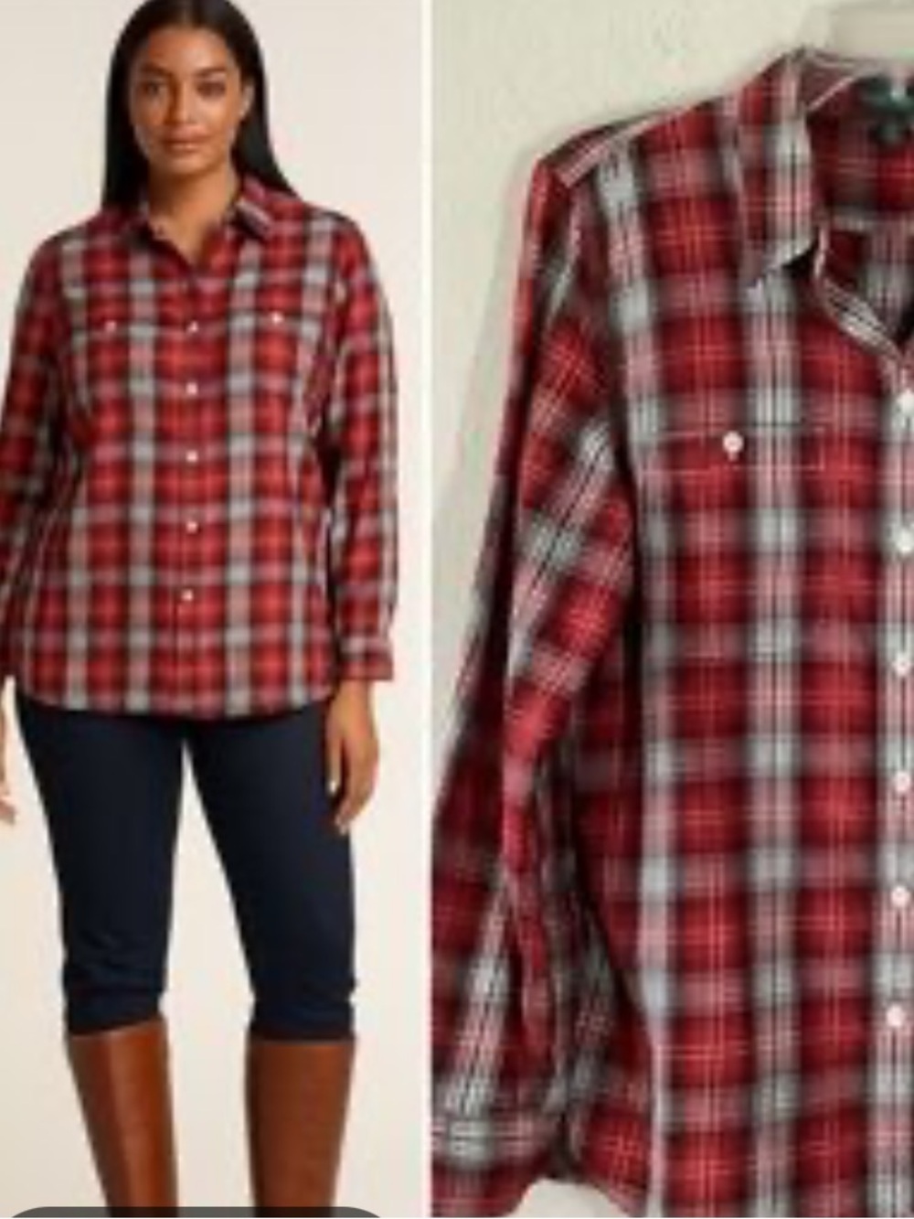 Lauren Ralph Lauren Red & White Plaid Button-Down Shirt M